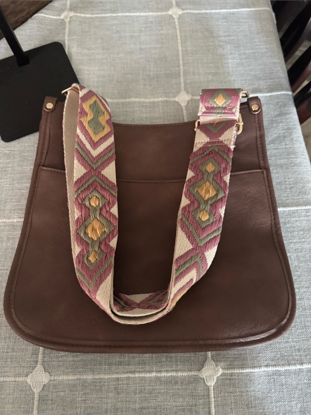 Brown Leather Shoulder Bag with Patterned Pink Strap